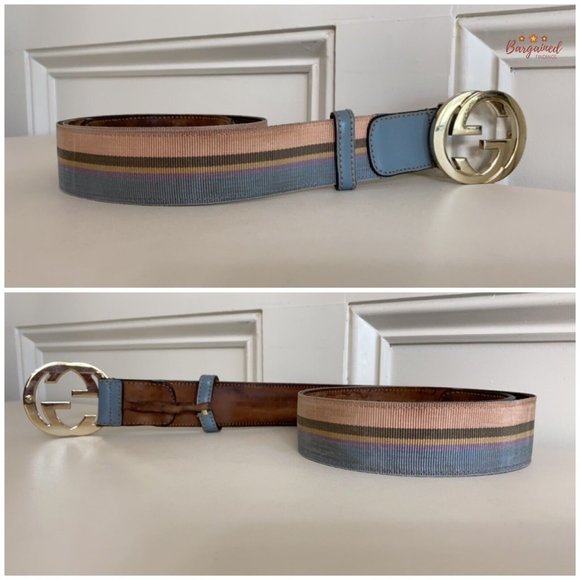 Authentic Gucci Multi Web Canvas Leather Gold Interlocking G Buckle Belt 85/34 - Picture 11 of 13
